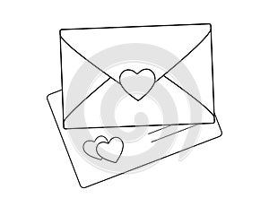 Love letters - two envelopes with hearts - linear vector illustration for coloring. Love notes in envelopes decorated with hearts.