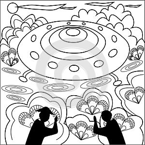 UFO spaceship fanny coloring page, outline illustration photo