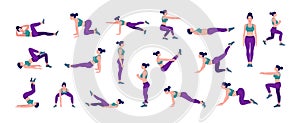 Workout girl set. Woman doing fitness and yoga exercises. Lunges and squats, plank and abc. Full body workout.