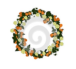 Pattern of yellow berries, flowers and leaves. Wreath with berries raspberries