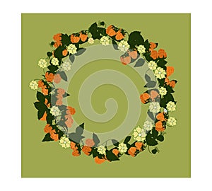 Pattern with berries and raspberry flowers. A wreath with yellow raspberries, leaves, branches and white flowers.