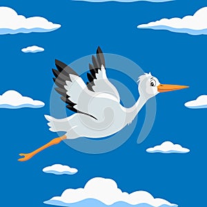 Seamless pattern, storks flying in the sky. Hand drawn illustration