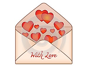 Love letter - Hearts fly out of an open envelope - vector full color picture. An envelope of aged aged paper with the inscription