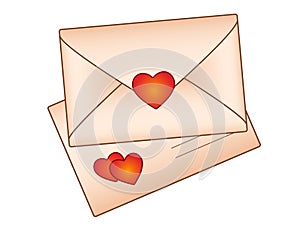 Two envelopes with valentines - vector full color picture. Two envelopes from yellowish aged paper with red hearts - love letters.