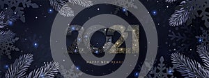 Happy New Year 2021 beautiful sparkling design of numbers on dark elegant background. Holiday illustration for greeting card, bann