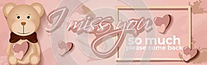 Vector illustration greeting  card with message `I miss you so much, please come back`,
