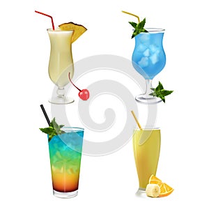 Set cocktails isolated on a white background. ÃÂ¡ollection macro drink icons. Beverages pina colada, blue lagoon realistic style.