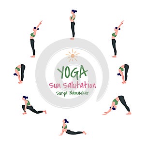 Vector illustration set of yoga exercise Sun Salutation / Surya Namaskar. slim women in different yoga positions, Woman yoga worko