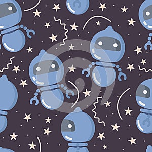 Seamless pattern with a blue robot on a starry sky. Vector image on a white background. Children`s pattern for printing on fabric,