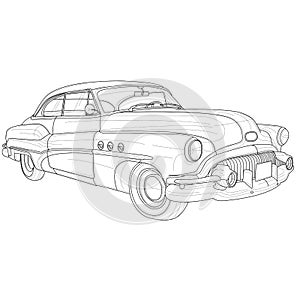 Retro vintage car with outlines. Vector illustration in black and white.