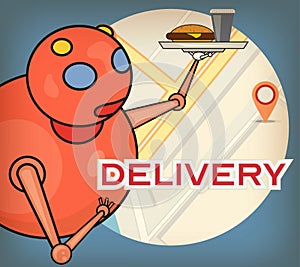 Vintage poster with the bot. Protecting from transmission virus COVID-19. Delivering food order to home by the bot. mapp from the