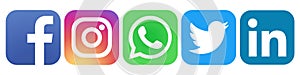 Set of popular social media logos icons Instagram Facebook Twitter WhatsApp linkedin.