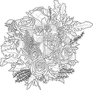 Mix flowers bouquet with roses and small flowers sketch. Vector illustration in black and white.