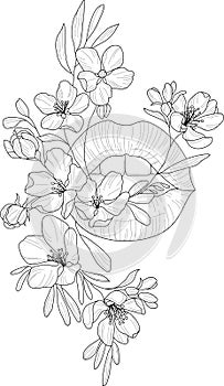 Lips and flowers sketch. Vector illustration in black and whtie and color.