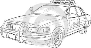 Police car realistic sketch. Vector illustration in black and white.