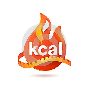Kcal icon - kilocalorie emblem with fire and tape photo