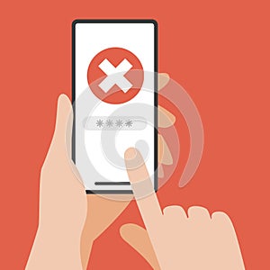 Hand holding smartphone with wrong password.