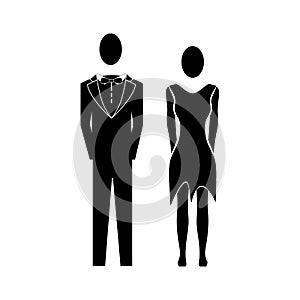 Flat vector silhouette drawing of man and woman. Black and white icon for special rooms. Symbols for the codec. Insignia sings.