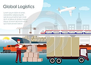 Global logistics network with air, sea, train, truck and mass transportation concept photo