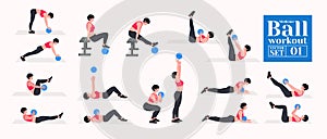 Medicine ball Workout Set. woman doing exercises with medicine ball.