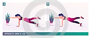Opposite arm leg exercise, Woman workout fitness, aerobic and exercises. Vector Illustration.