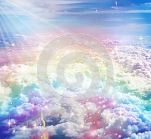 Rainbow on sky over clouds close up, dreams, wishes photo