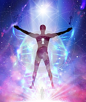 Man universe, meditation, spiritual energy, DNA healing, enlightenment photo