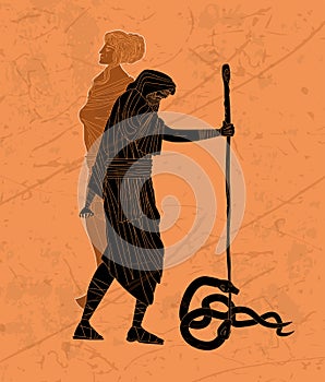 Tiresias blind greek prophet half woman and half man killing two snakes with a stick photo
