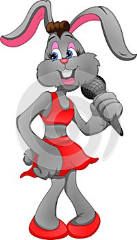 Cute rabbit singing and holding a microphone