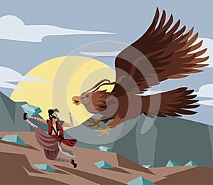 Arabian sailor sinbad adventurer fighting giant bird