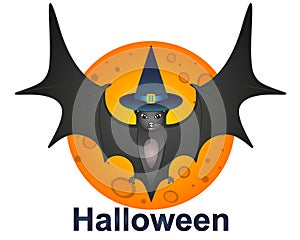 A bat in a hat against the background of the moon is a full-color vecton picture. Print with a cute gray bat wearing a witch hat a