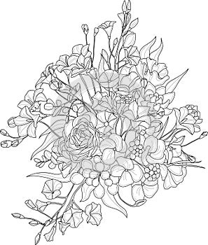 Realistic mix flowers bouquet with roses and small leafs sketch. Vector illustration in black and white