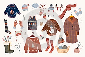 Winter clothes collection, warm and cozy elements set