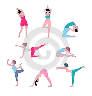 Sport activities, young woman doing yoga, fitness exercises, cartoon characters set.