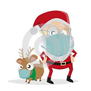 Funny illustration of cartoon santa claus with reindeer and face mask