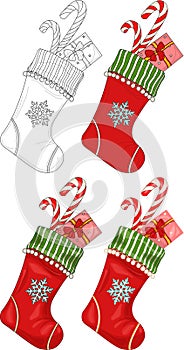 Colorful cartoon Christmas New Year winter socking with snowflake and present sketch template set. photo