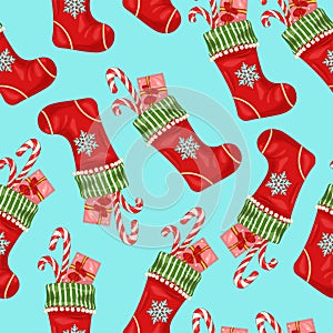 Colorful cartoon Christmas New Year winter socking with snowflake and present template seamless pattern. photo