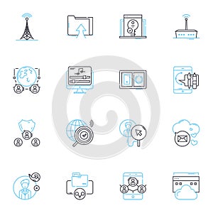 Web 20 linear icons set. Social, Collaborative, User-generated, Interactive, Dynamic, Sharing, Community line vector and