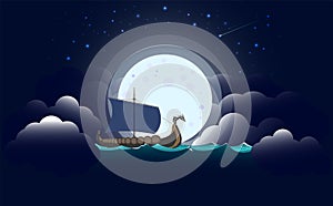 Drakkar vikings or barbarians in the moonlight, raid. Vector illustration