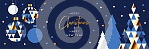 Merry Christmas and Happy New Year banner, greeting card, poster, holiday cover, header. Modern Xmas design in geometric style