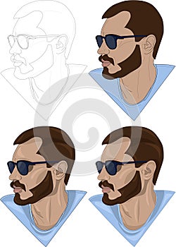 Realistic colorful portarit of a brunette guy in sunglasses sketch template set. photo