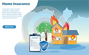 Burning house on fire with insurance policy for protection from disaster and danger.