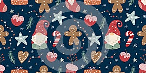 Christmas seamless pattern with gnomes, gingerbread and candies photo