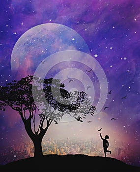 Spiritual release, inner child,dreams,hope, wishes, child catching a bird, faith, destiny, full moon, night sky, nature background photo