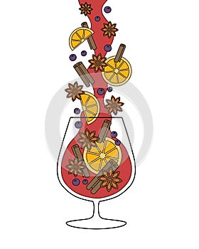 Mulled wine doodles, gluhwein with spices Christmas drink drawing photo