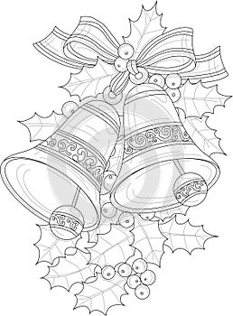 Realistic decorative bells with Christmas berry and leafs sketch template.