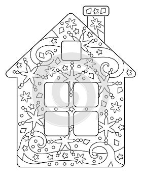 House - coloring book antistress vector linear picture for coloring. Outline. Winter small house for christmas or new year colorin photo