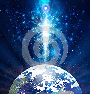 Muž vesmír modrý světlo rozjímání duchovní léčení člověk tělo energie hvězdný projekce cestovat 