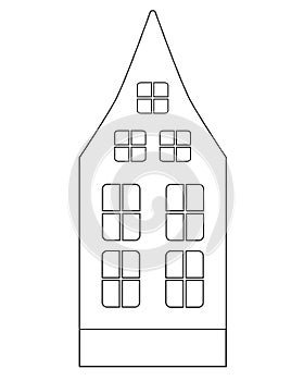 House with basement, windows and attic window - vector linear illustration for coloring. Outline. Cute old Dutch house for colorin photo