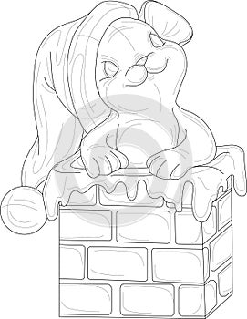 Cartoon cute mouse in Christmas hat crawlling through chimney sketch template.